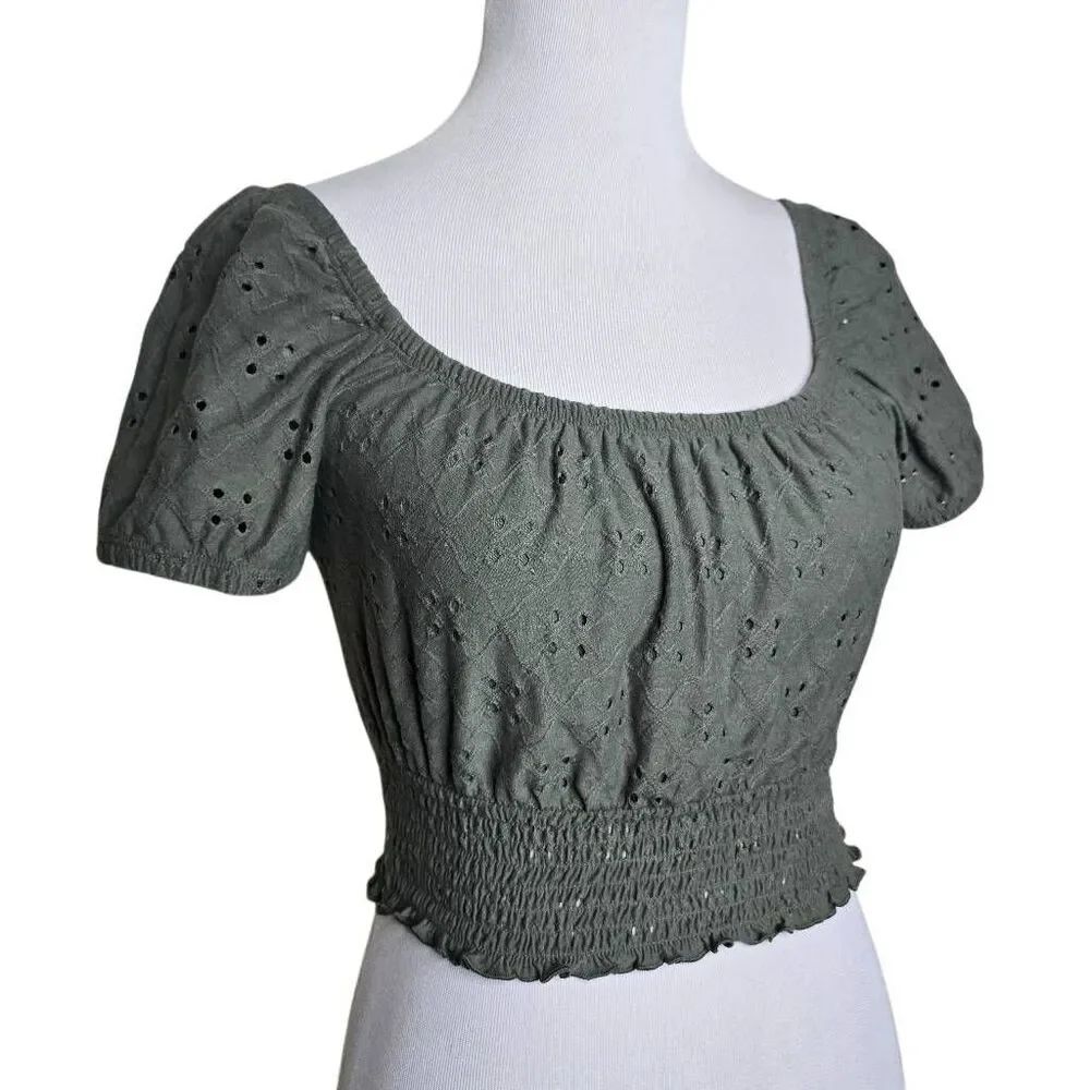 Hollister Eyelet Crop Top Olive Green Smocked Short Sleeve Boho Size XS